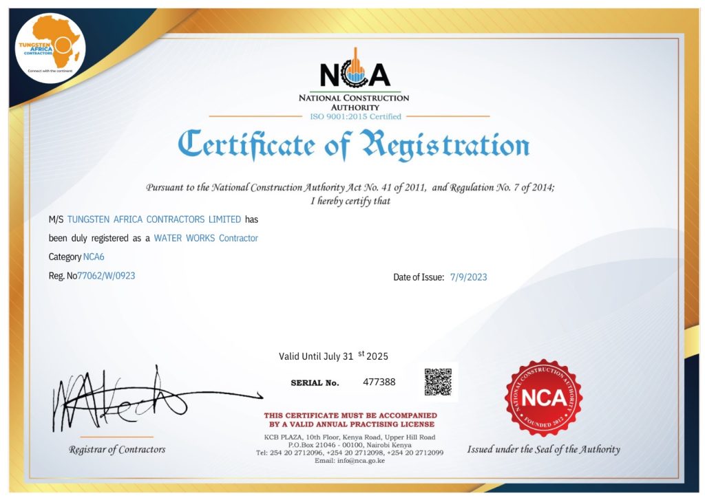 Certificate of Registration Water works contractor